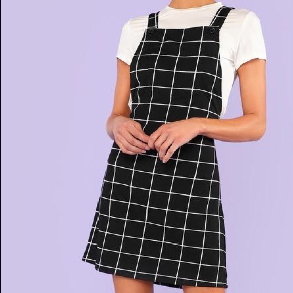 LAST ONE Black and White Plaid Overall Dress - Picture 2 of 7